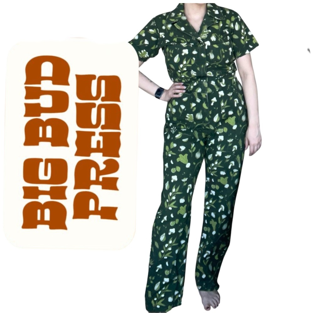 Big Bud Press Green Vegi print front zip Jumpsuit worn 1st washed 1st SZ small